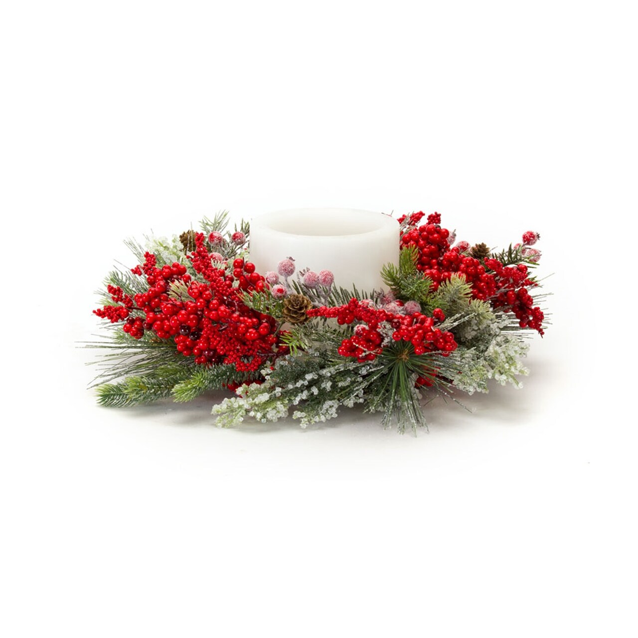 Melrose 17" Frosted Pine and Berries Christmas Candle Ring